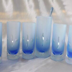 Blue Cut to Clear Bar Ware Set with Serving Pitcher and Five Glasses # 25316